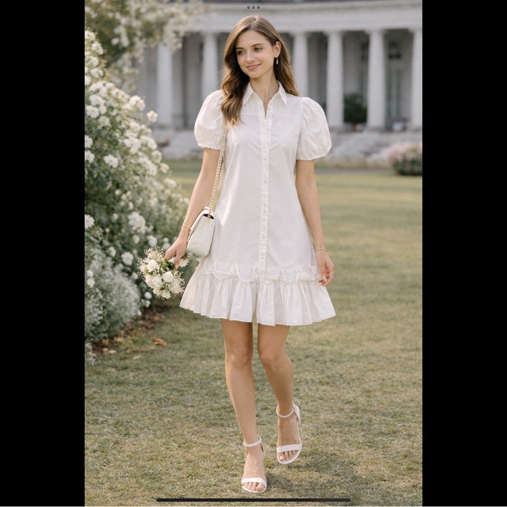 Areum White Puff Sleeve Mini Dress Graduation Bridal Shower Cottage Core XS - Picture 4 of 16